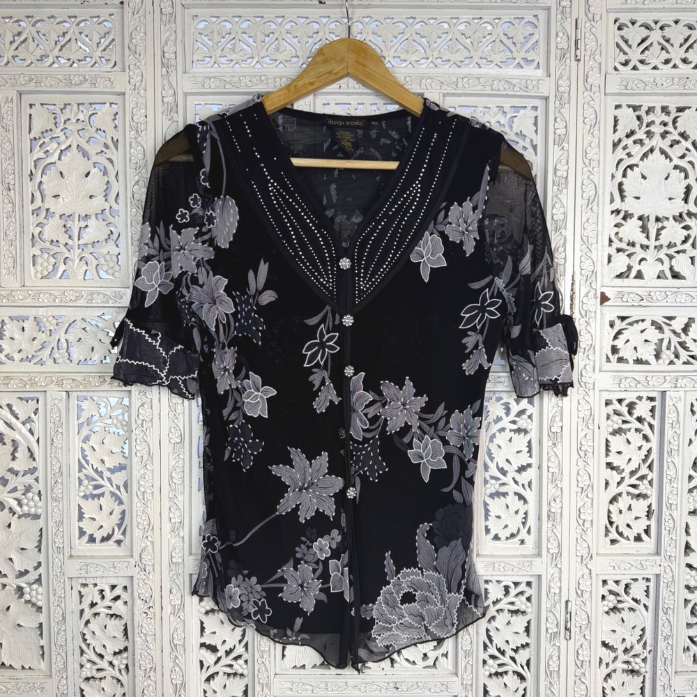 Vtg Black & Gray Mesh Ruffle Blouse Sz S Whimsigoth Fairy Grunge Y2K Vamp